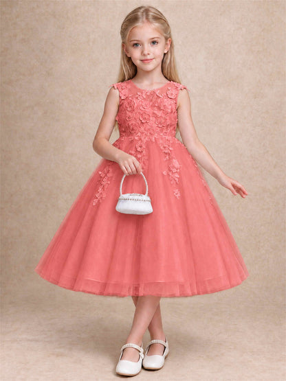 Girls 3D Floral Lace Tulle Flower Girl Dress Sleeveless Princess Gown for Wedding Birthday Party