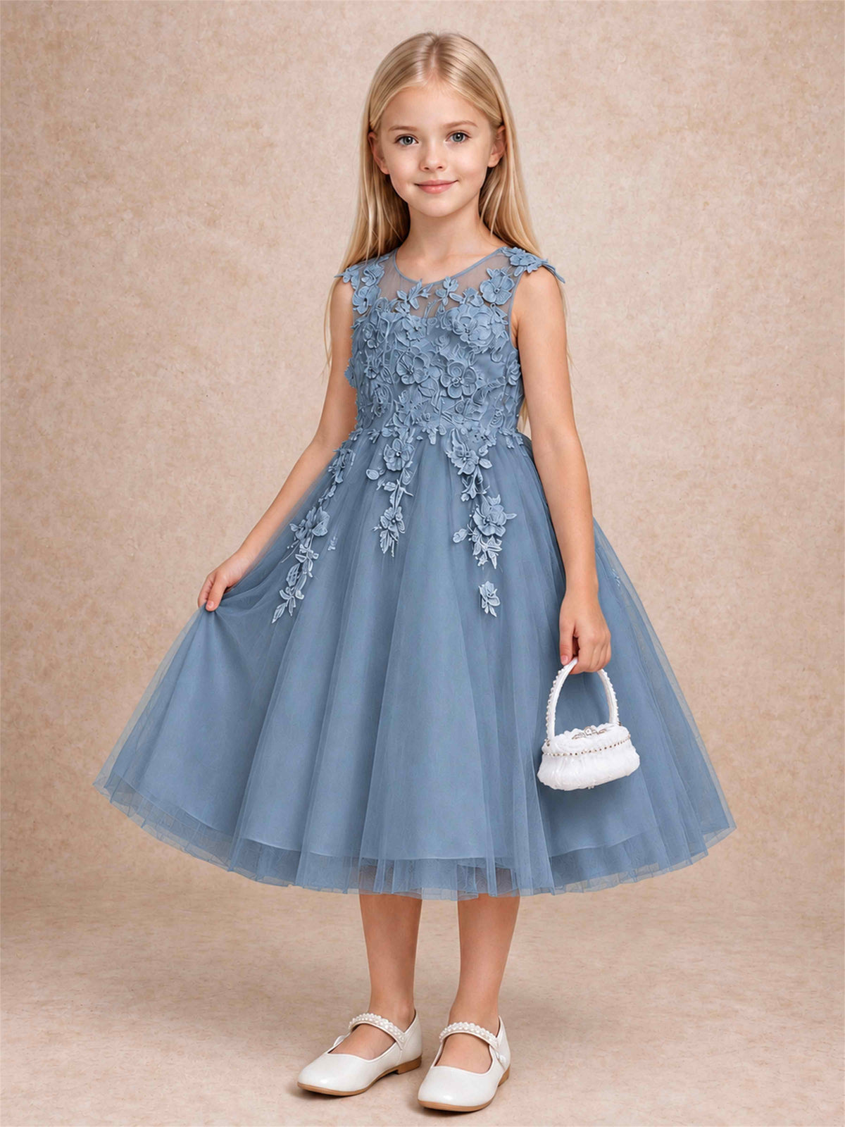 Girls 3D Floral Lace Tulle Flower Girl Dress Sleeveless Princess Gown for Wedding Birthday Party