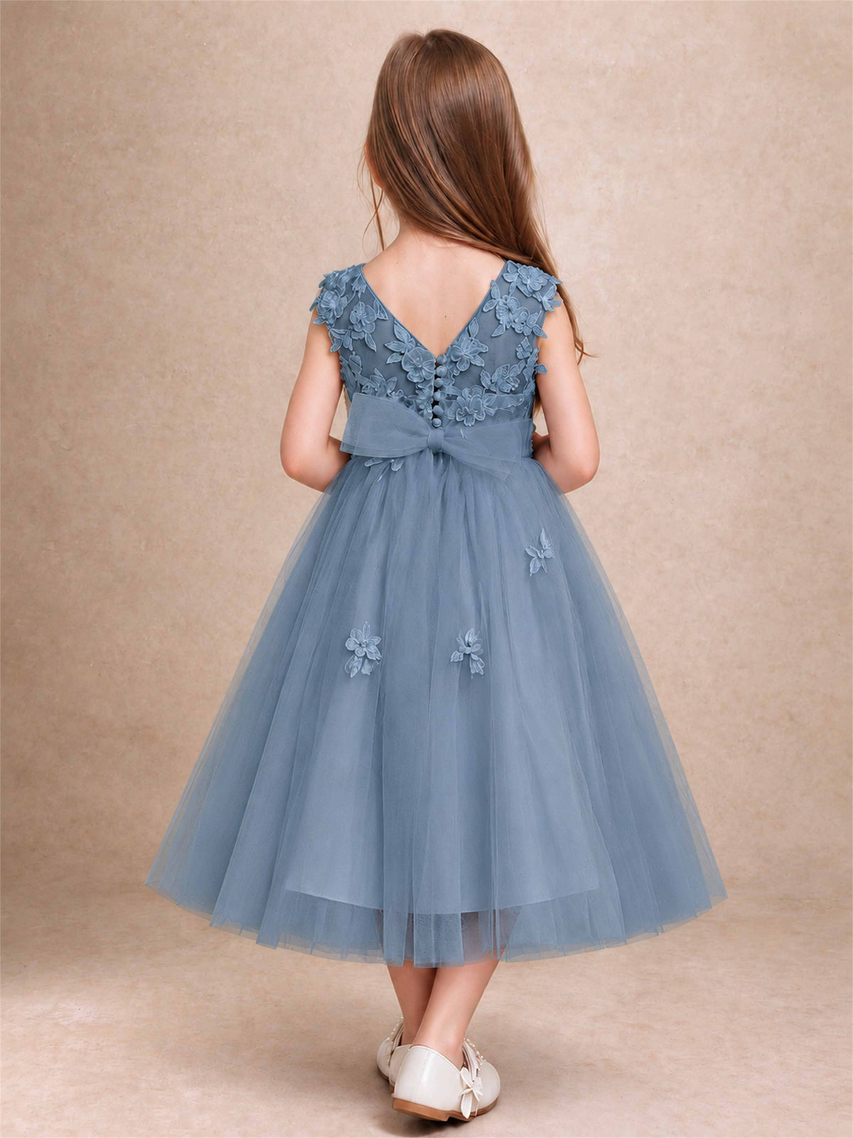 Girls 3D Floral Lace Tulle Flower Girl Dress Sleeveless Princess Gown for Wedding Birthday Party