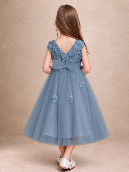 Girls 3D Floral Lace Tulle Flower Girl Dress Sleeveless Princess Gown for Wedding Birthday Party
