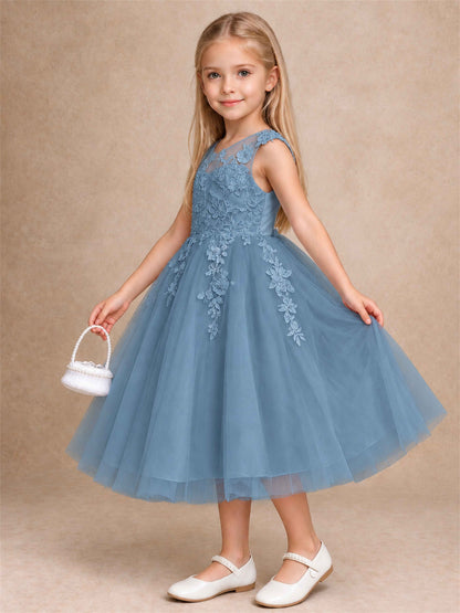 Girls 3D Floral Lace Tulle Flower Girl Dress Sleeveless Princess Gown for Wedding Birthday Party