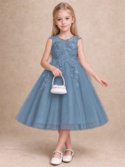 Girls 3D Floral Lace Tulle Flower Girl Dress Sleeveless Princess Gown for Wedding Birthday Party