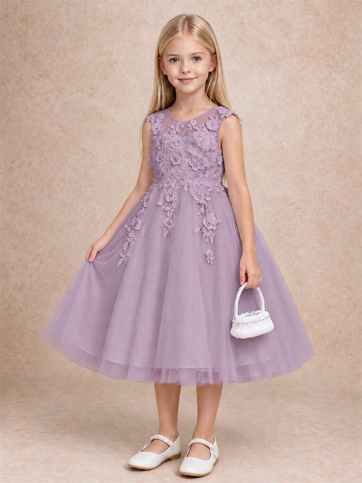 Girls 3D Floral Lace Tulle Flower Girl Dress Sleeveless Princess Gown for Wedding Birthday Party