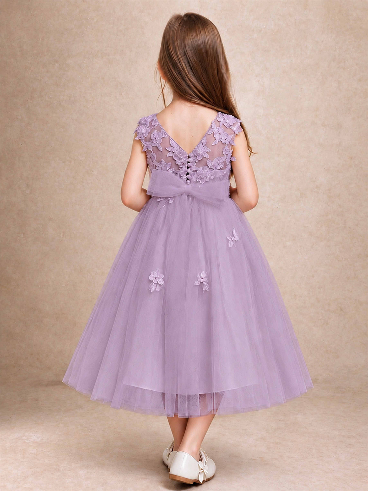 Girls 3D Floral Lace Tulle Flower Girl Dress Sleeveless Princess Gown for Wedding Birthday Party