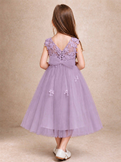 Girls 3D Floral Lace Tulle Flower Girl Dress Sleeveless Princess Gown for Wedding Birthday Party