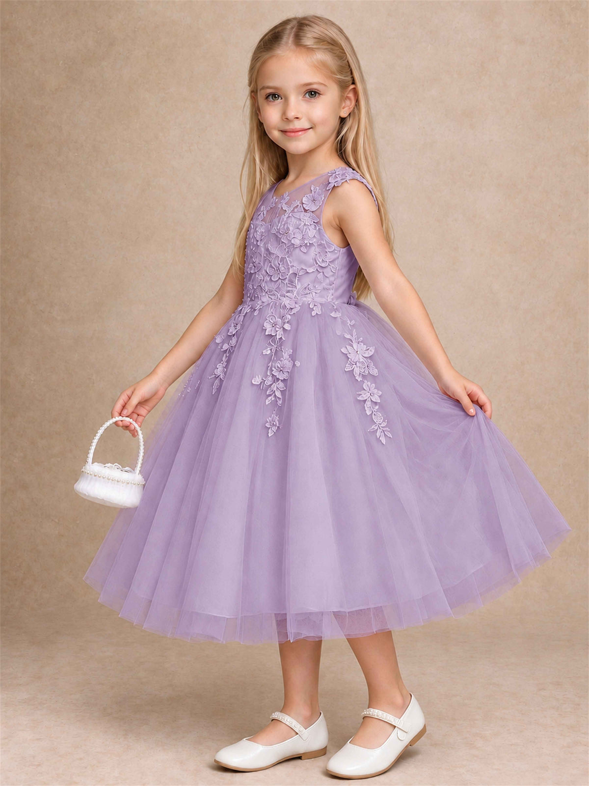 Girls 3D Floral Lace Tulle Flower Girl Dress Sleeveless Princess Gown for Wedding Birthday Party