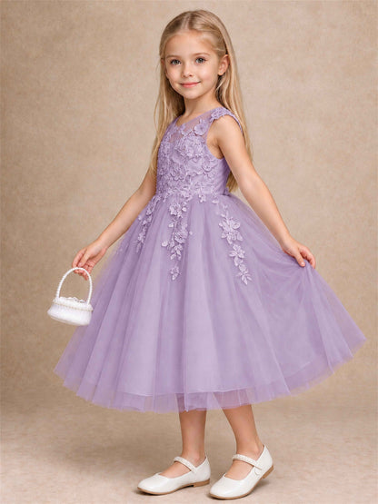 Girls 3D Floral Lace Tulle Flower Girl Dress Sleeveless Princess Gown for Wedding Birthday Party