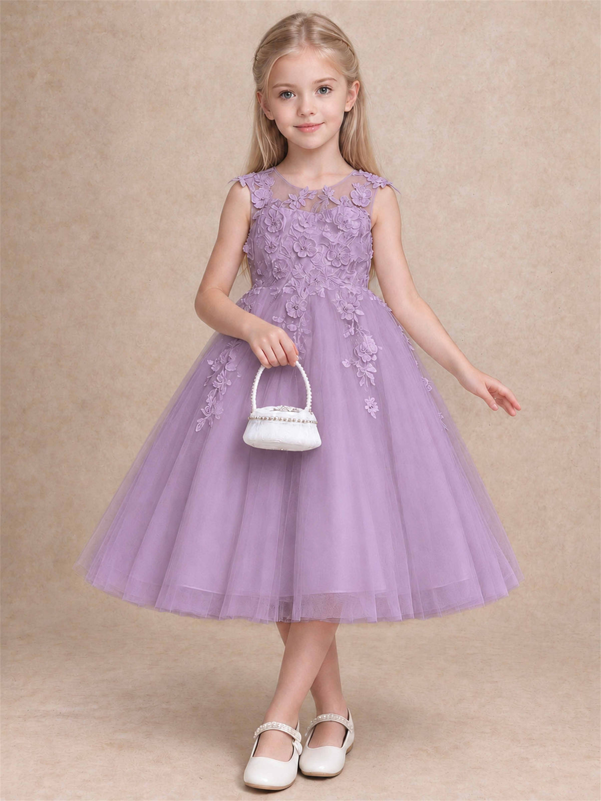 Girls 3D Floral Lace Tulle Flower Girl Dress Sleeveless Princess Gown for Wedding Birthday Party