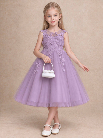 Girls 3D Floral Lace Tulle Flower Girl Dress Sleeveless Princess Gown for Wedding Birthday Party