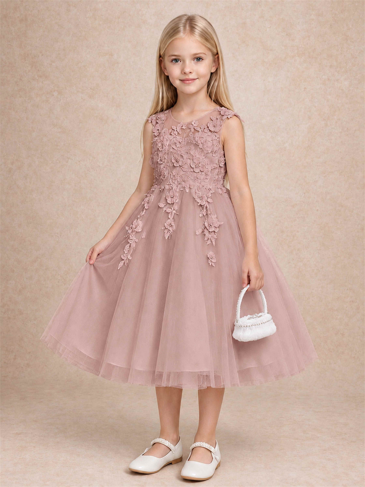 Girls 3D Floral Lace Tulle Flower Girl Dress Sleeveless Princess Gown for Wedding Birthday Party