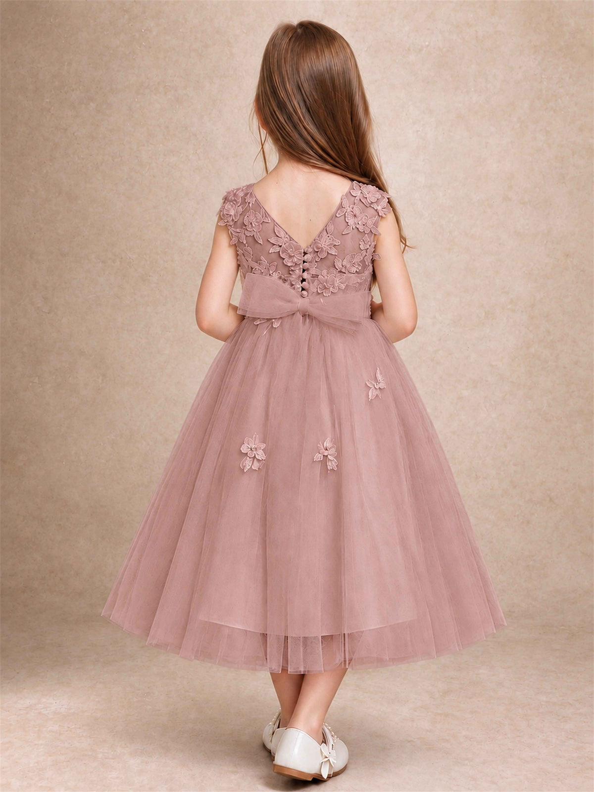 Girls 3D Floral Lace Tulle Flower Girl Dress Sleeveless Princess Gown for Wedding Birthday Party