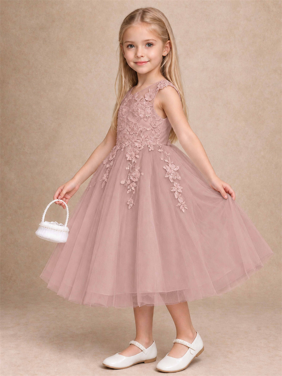 Girls 3D Floral Lace Tulle Flower Girl Dress Sleeveless Princess Gown for Wedding Birthday Party
