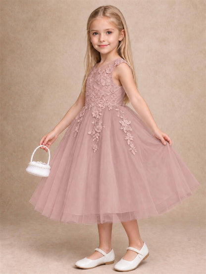 Girls 3D Floral Lace Tulle Flower Girl Dress Sleeveless Princess Gown for Wedding Birthday Party