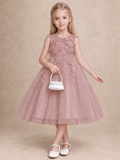 Girls 3D Floral Lace Tulle Flower Girl Dress Sleeveless Princess Gown for Wedding Birthday Party