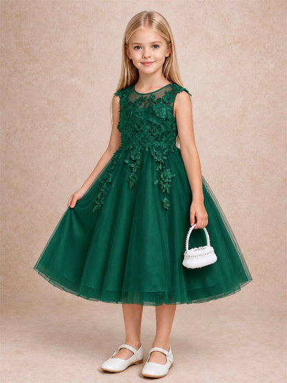 Girls 3D Floral Lace Tulle Flower Girl Dress Sleeveless Princess Gown for Wedding Birthday Party