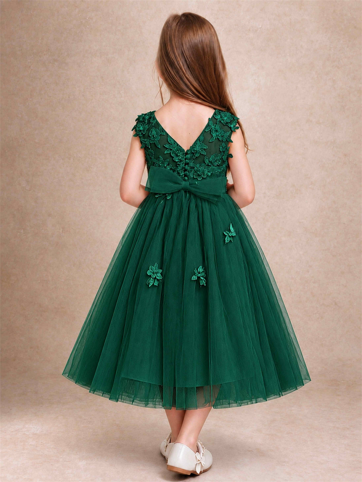 Girls 3D Floral Lace Tulle Flower Girl Dress Sleeveless Princess Gown for Wedding Birthday Party