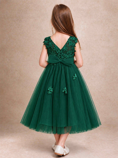 Girls 3D Floral Lace Tulle Flower Girl Dress Sleeveless Princess Gown for Wedding Birthday Party