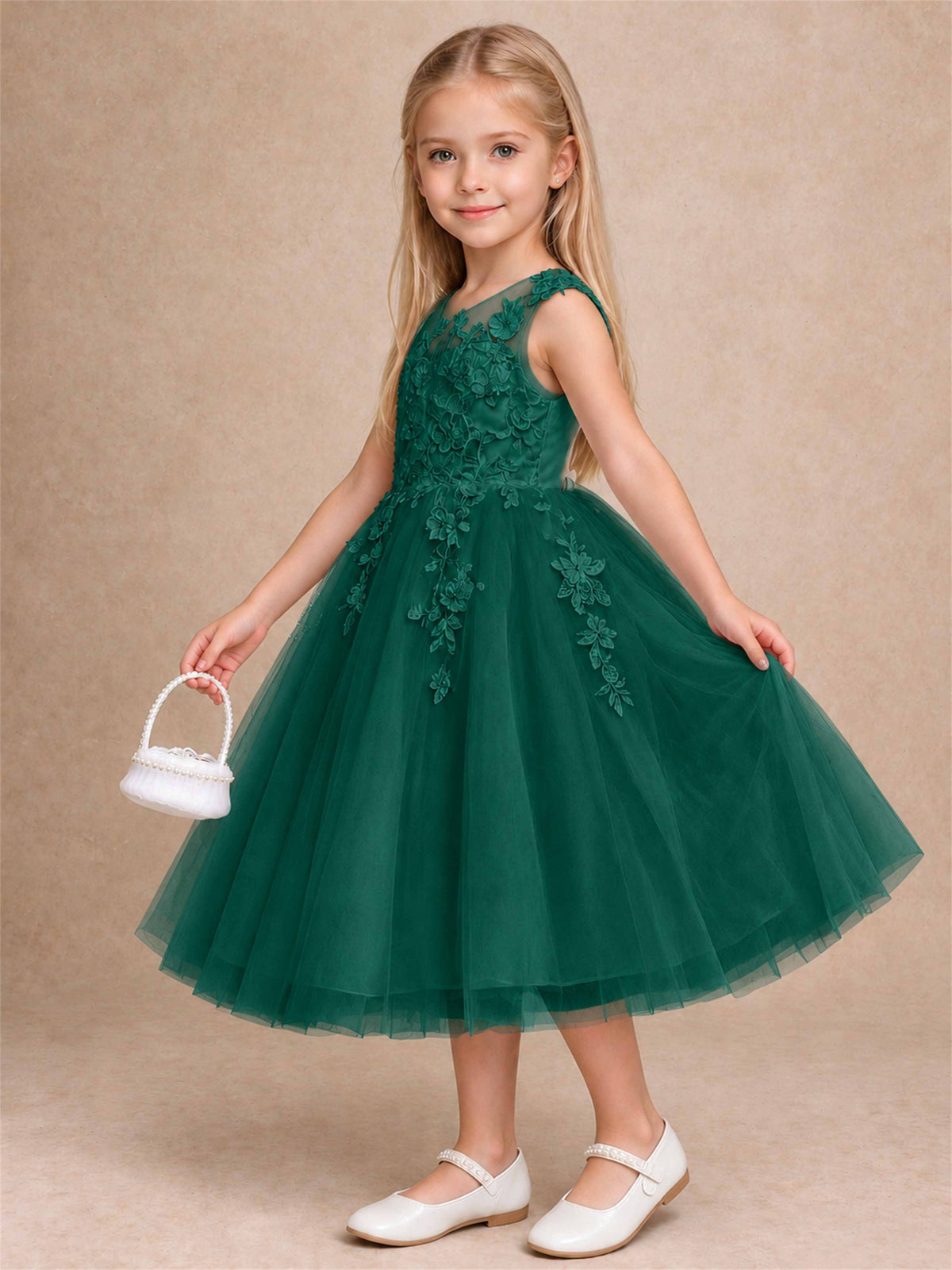 Girls 3D Floral Lace Tulle Flower Girl Dress Sleeveless Princess Gown for Wedding Birthday Party