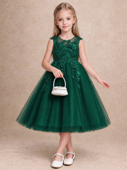 Girls 3D Floral Lace Tulle Flower Girl Dress Sleeveless Princess Gown for Wedding Birthday Party
