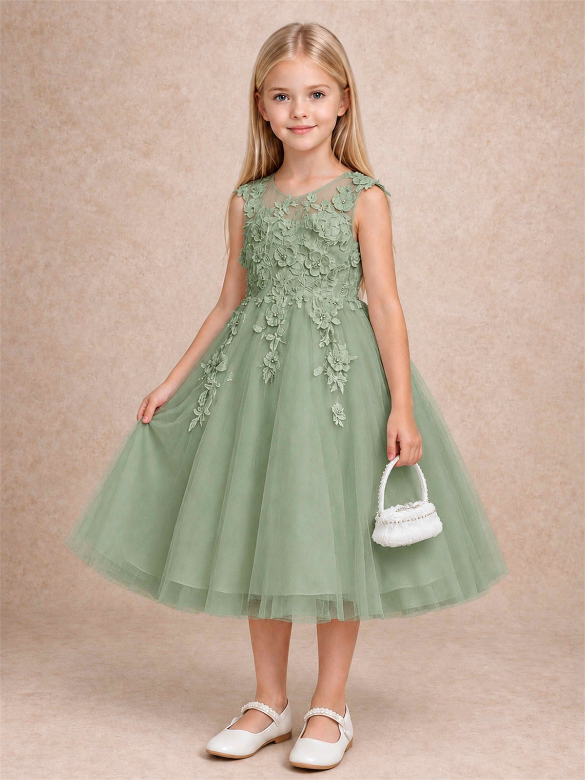 Girls 3D Floral Lace Tulle Flower Girl Dress Sleeveless Princess Gown for Wedding Birthday Party