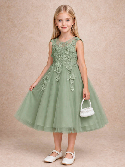 Girls 3D Floral Lace Tulle Flower Girl Dress Sleeveless Princess Gown for Wedding Birthday Party