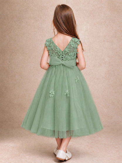 Girls 3D Floral Lace Tulle Flower Girl Dress Sleeveless Princess Gown for Wedding Birthday Party