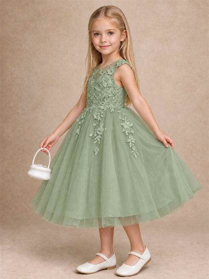 Girls 3D Floral Lace Tulle Flower Girl Dress Sleeveless Princess Gown for Wedding Birthday Party