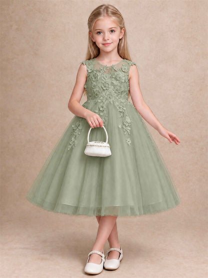 Girls 3D Floral Lace Tulle Flower Girl Dress Sleeveless Princess Gown for Wedding Birthday Party