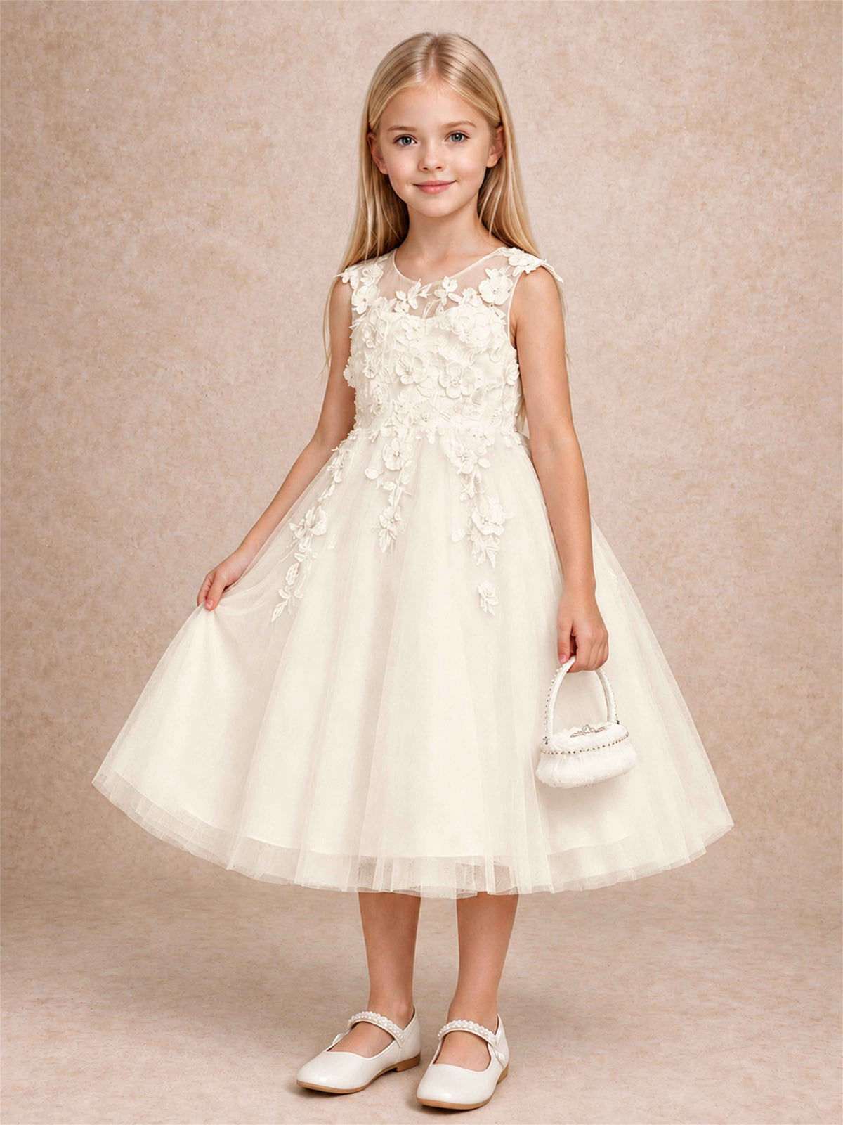 Girls 3D Floral Lace Tulle Flower Girl Dress Sleeveless Princess Gown for Wedding Birthday Party