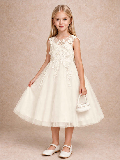 Girls 3D Floral Lace Tulle Flower Girl Dress Sleeveless Princess Gown for Wedding Birthday Party