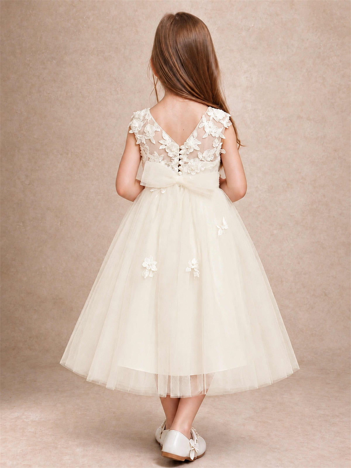 Girls 3D Floral Lace Tulle Flower Girl Dress Sleeveless Princess Gown for Wedding Birthday Party