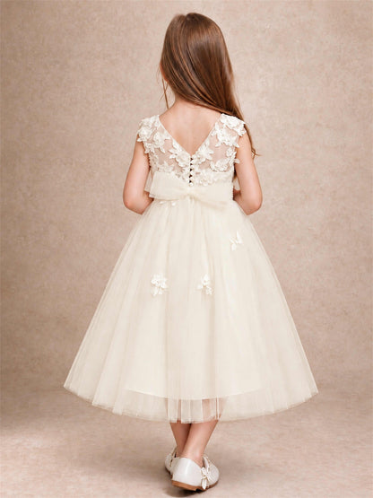 Girls 3D Floral Lace Tulle Flower Girl Dress Sleeveless Princess Gown for Wedding Birthday Party