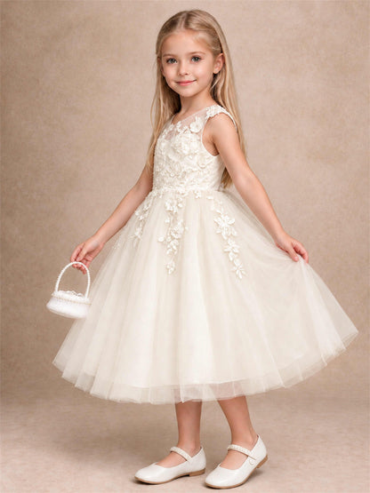 Girls 3D Floral Lace Tulle Flower Girl Dress Sleeveless Princess Gown for Wedding Birthday Party