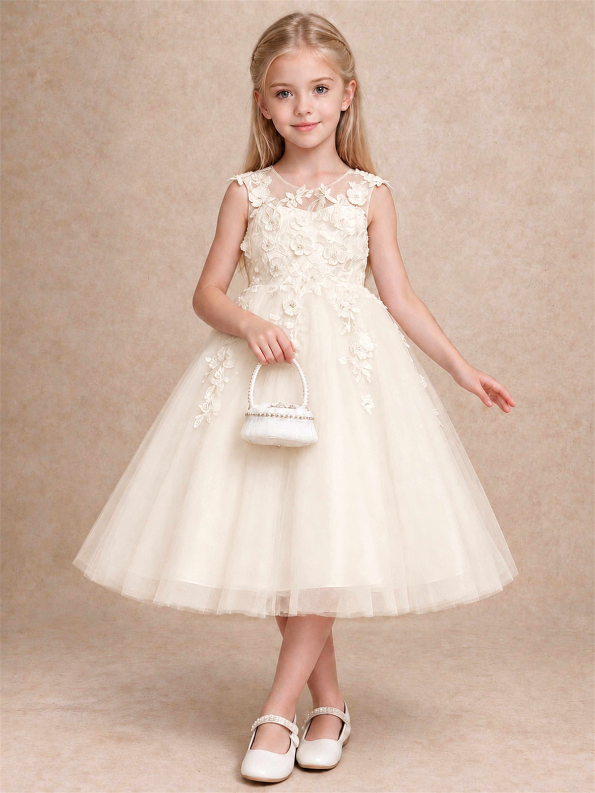 Girls 3D Floral Lace Tulle Flower Girl Dress Sleeveless Princess Gown for Wedding Birthday Party