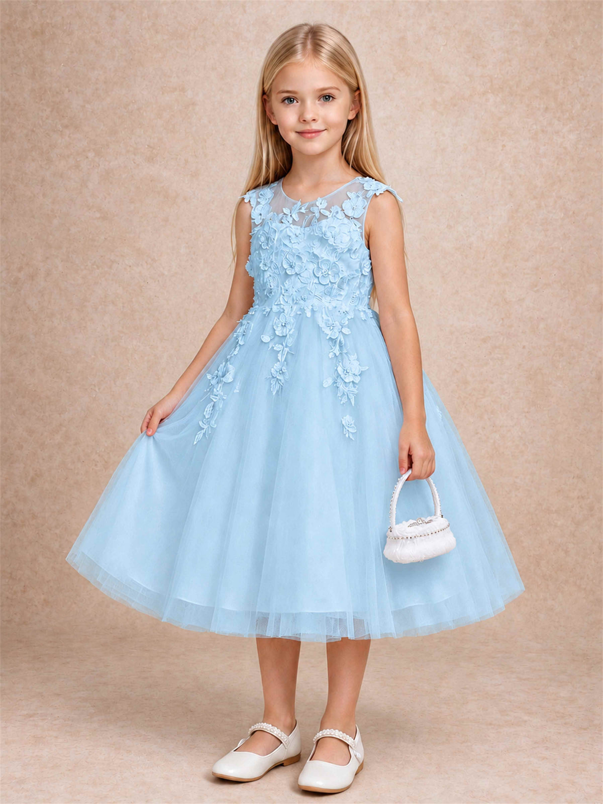Girls 3D Floral Lace Tulle Flower Girl Dress Sleeveless Princess Gown for Wedding Birthday Party