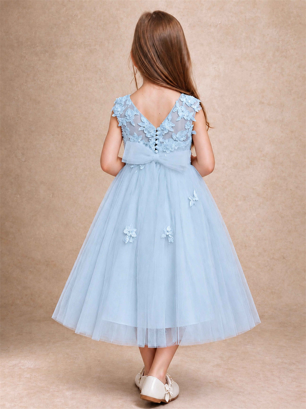 Girls 3D Floral Lace Tulle Flower Girl Dress Sleeveless Princess Gown for Wedding Birthday Party