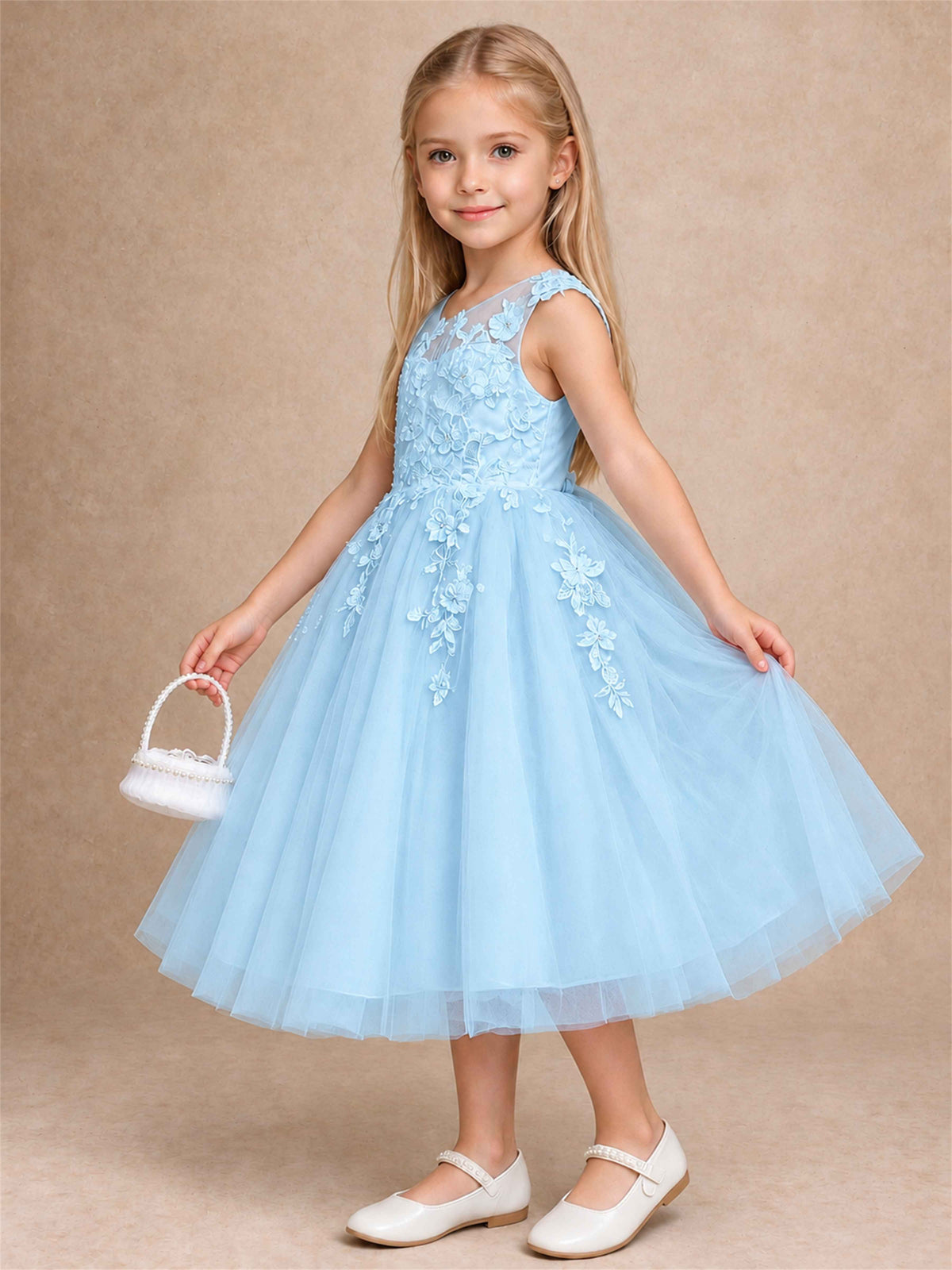 Girls 3D Floral Lace Tulle Flower Girl Dress Sleeveless Princess Gown for Wedding Birthday Party