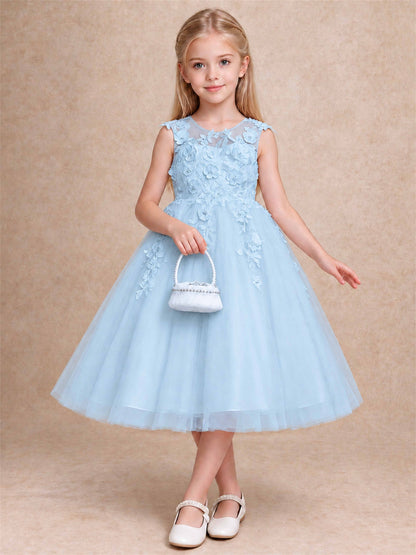 Girls 3D Floral Lace Tulle Flower Girl Dress Sleeveless Princess Gown for Wedding Birthday Party