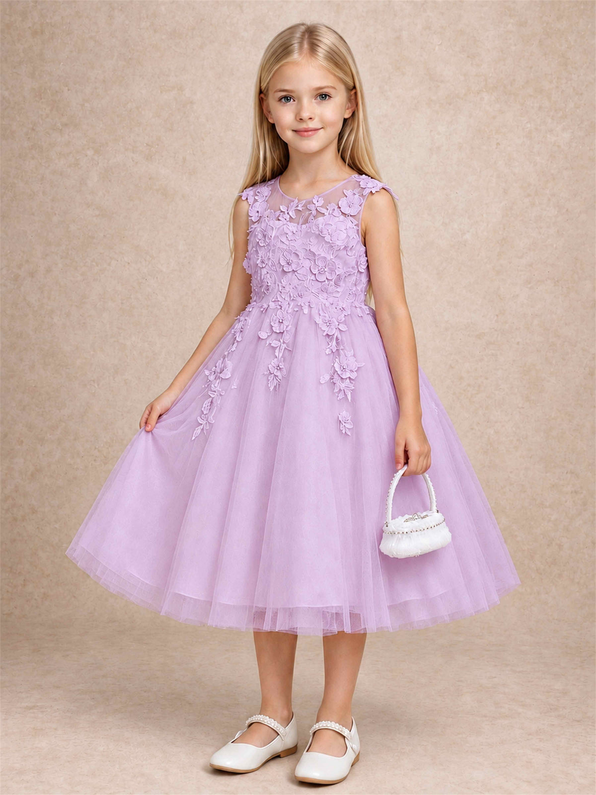 Girls 3D Floral Lace Tulle Flower Girl Dress Sleeveless Princess Gown for Wedding Birthday Party