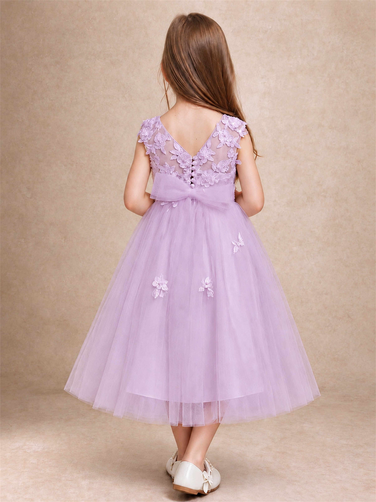 Girls 3D Floral Lace Tulle Flower Girl Dress Sleeveless Princess Gown for Wedding Birthday Party