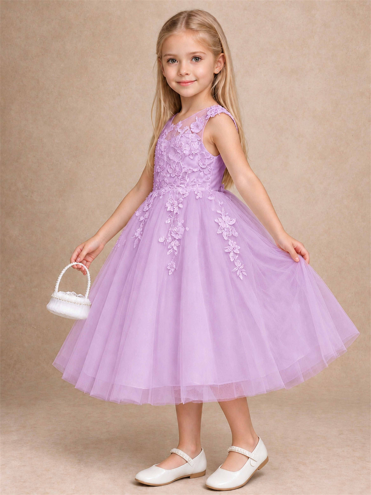 Girls 3D Floral Lace Tulle Flower Girl Dress Sleeveless Princess Gown for Wedding Birthday Party