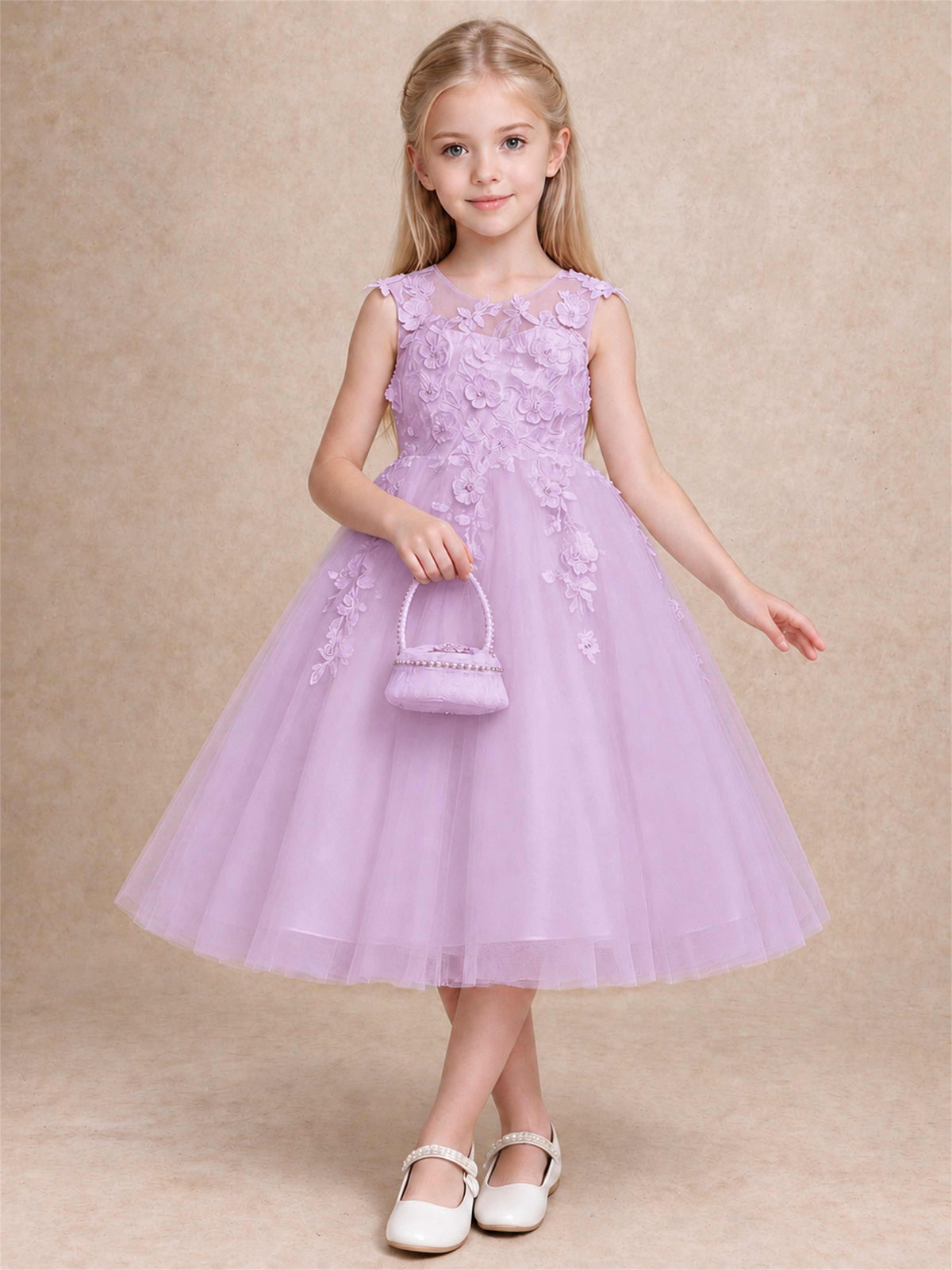 Girls 3D Floral Lace Tulle Flower Girl Dress Sleeveless Princess Gown for Wedding Birthday Party