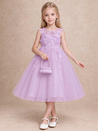Girls 3D Floral Lace Tulle Flower Girl Dress Sleeveless Princess Gown for Wedding Birthday Party