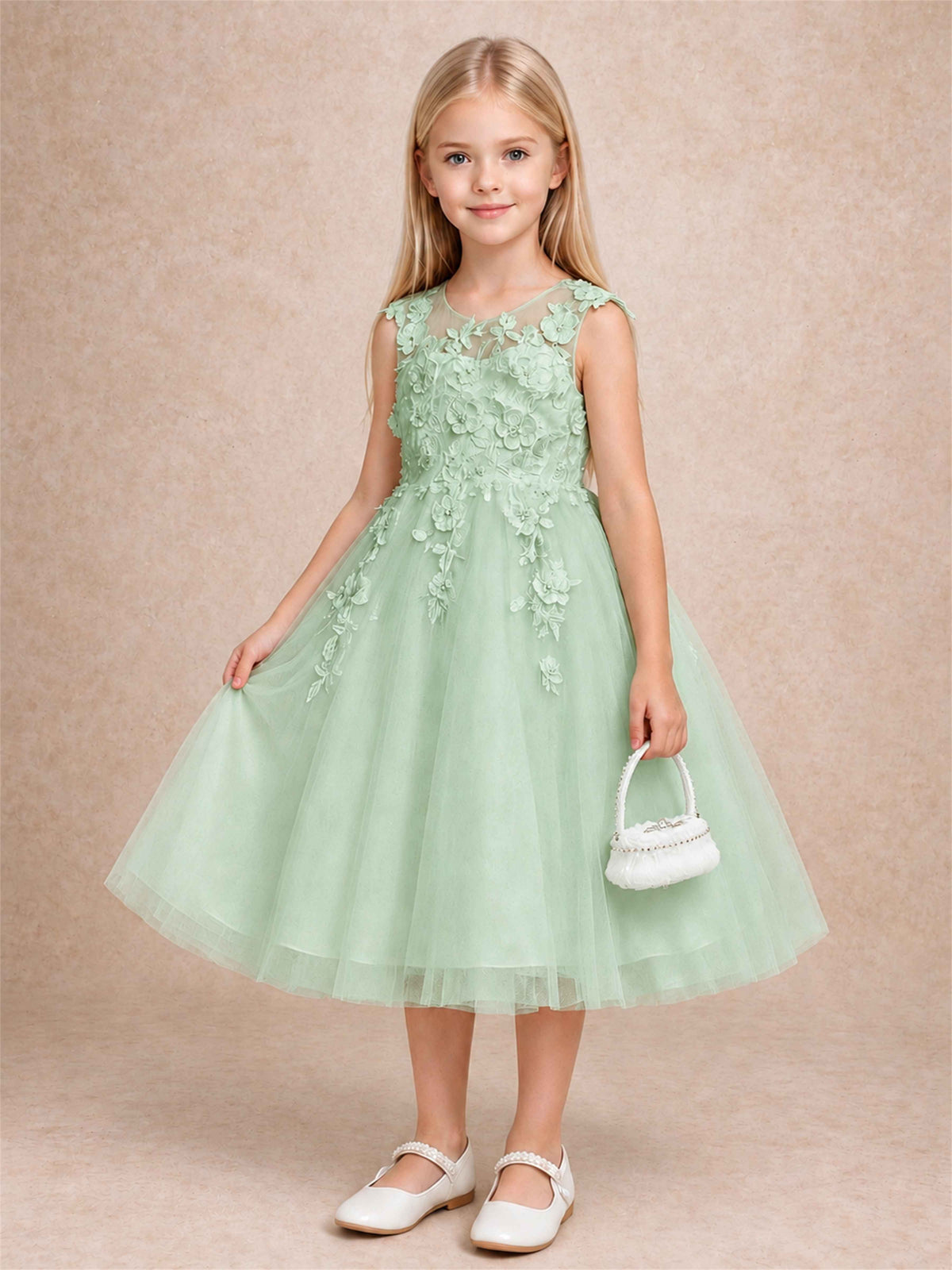 Girls 3D Floral Lace Tulle Flower Girl Dress Sleeveless Princess Gown for Wedding Birthday Party
