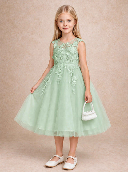 Girls 3D Floral Lace Tulle Flower Girl Dress Sleeveless Princess Gown for Wedding Birthday Party