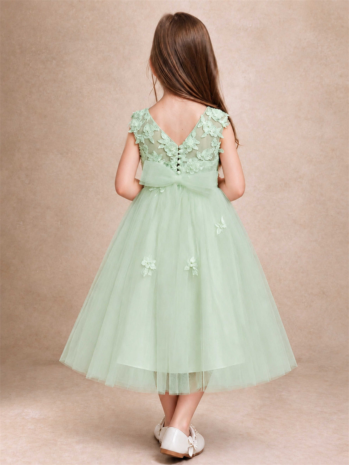 Girls 3D Floral Lace Tulle Flower Girl Dress Sleeveless Princess Gown for Wedding Birthday Party