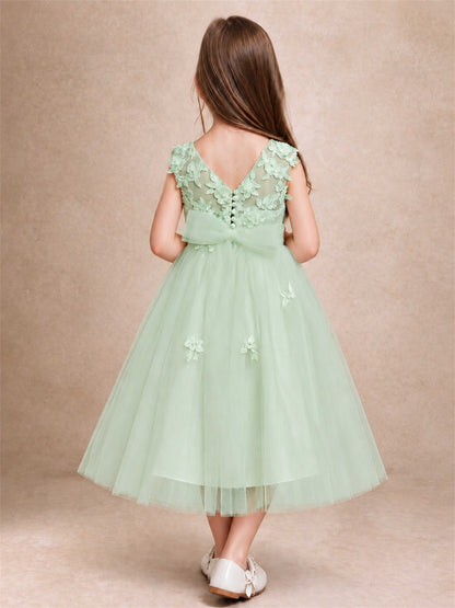 Girls 3D Floral Lace Tulle Flower Girl Dress Sleeveless Princess Gown for Wedding Birthday Party