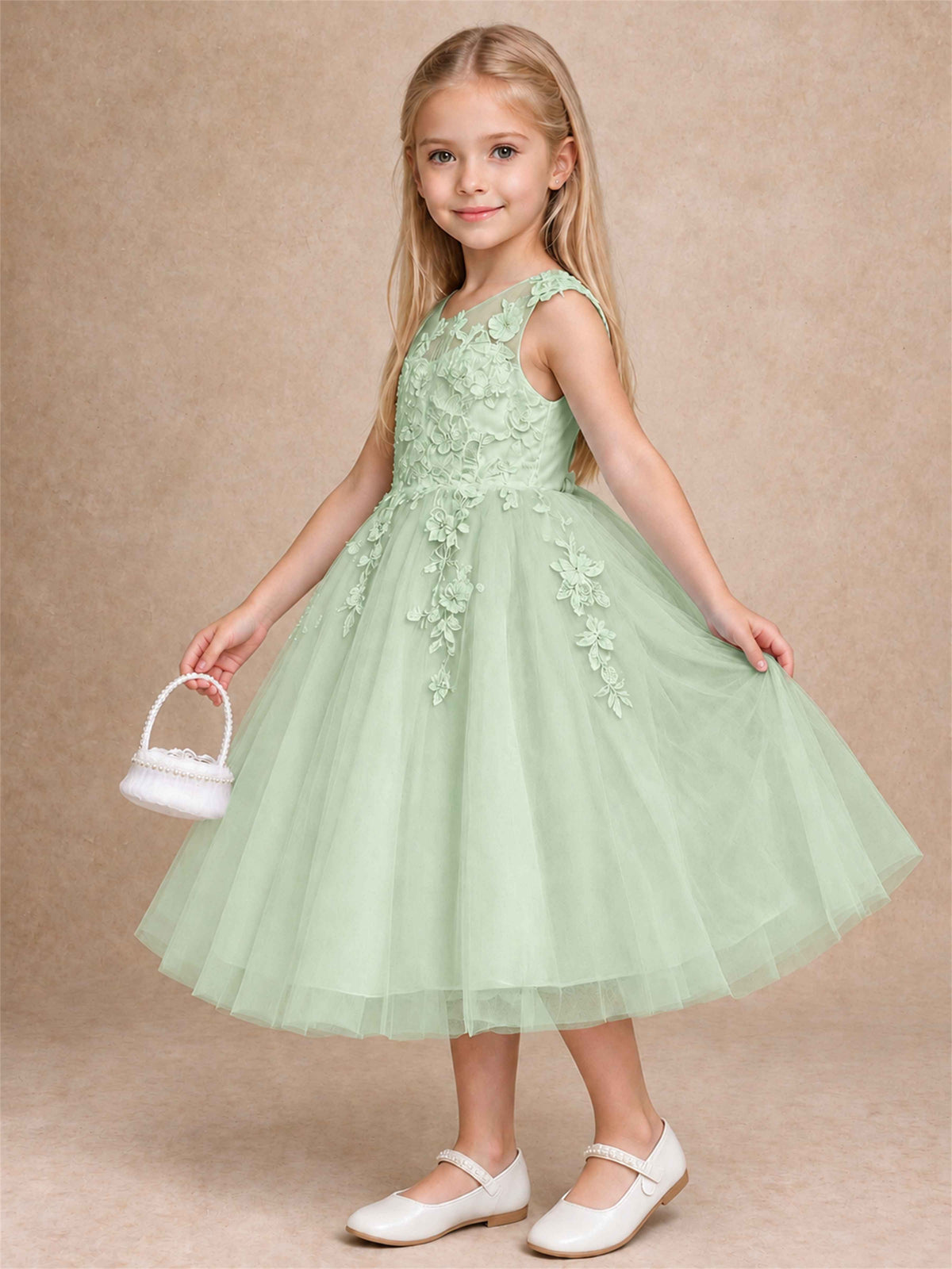 Girls 3D Floral Lace Tulle Flower Girl Dress Sleeveless Princess Gown for Wedding Birthday Party
