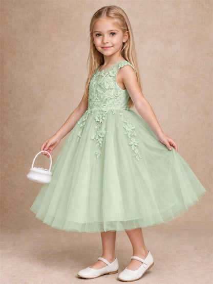 Girls 3D Floral Lace Tulle Flower Girl Dress Sleeveless Princess Gown for Wedding Birthday Party