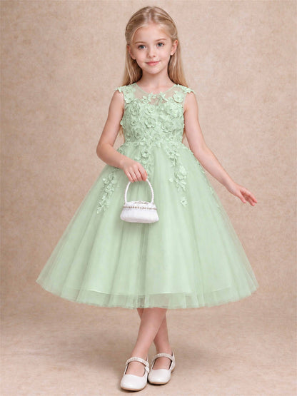 Girls 3D Floral Lace Tulle Flower Girl Dress Sleeveless Princess Gown for Wedding Birthday Party